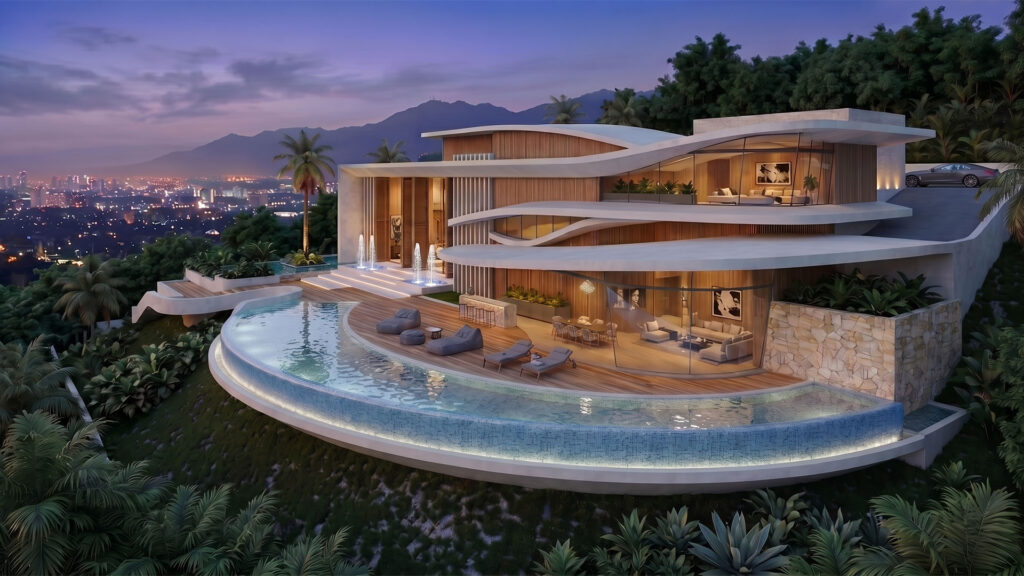 Casa RL em terreno em declive com piscina curva em balanço e lajes orgânicas, projeto Axel Arquitetura