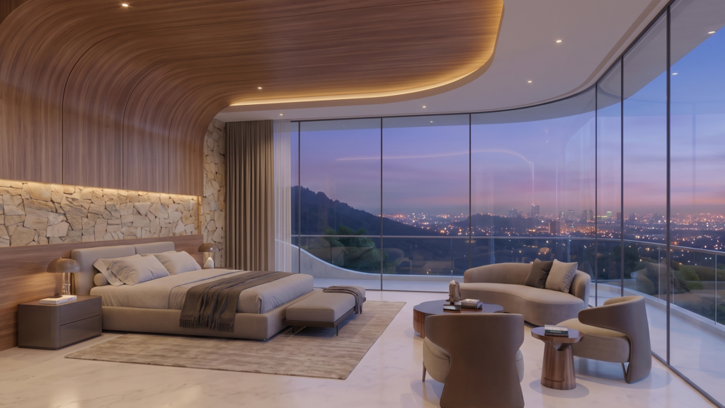 Suíte da Casa RL com forro curvo de madeira, parede de pedra e vidro curvo voltado para a cidade