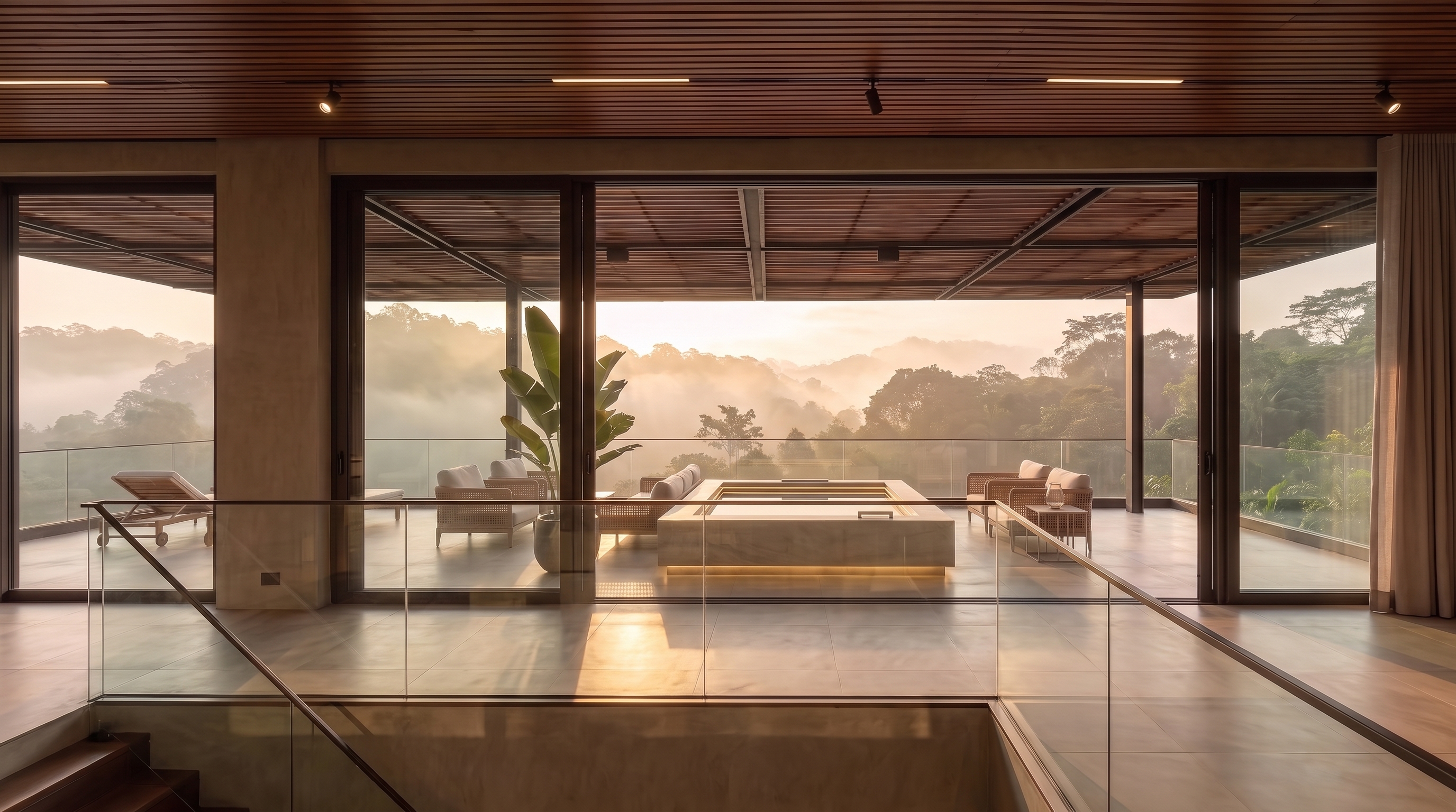 Ambiente com grandes aberturas de vidro, luz natural e vista para a mata, projeto Axel Arquitetura