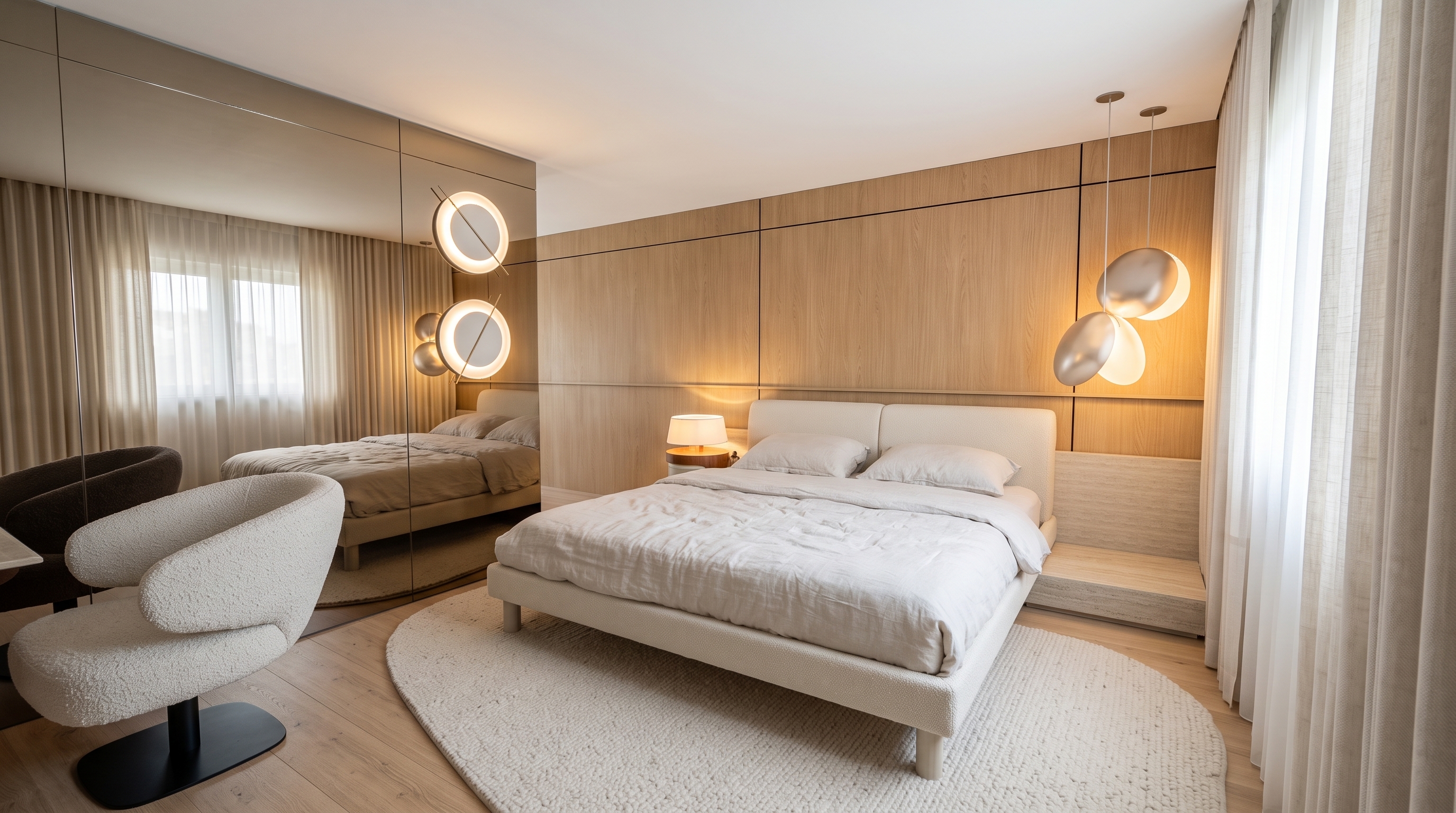 Apartamento para aluguel por temporada em Balneário Camboriú: suíte com cama de casal, iluminação quente e painel de madeira, projeto MA da Axel Arquitetura