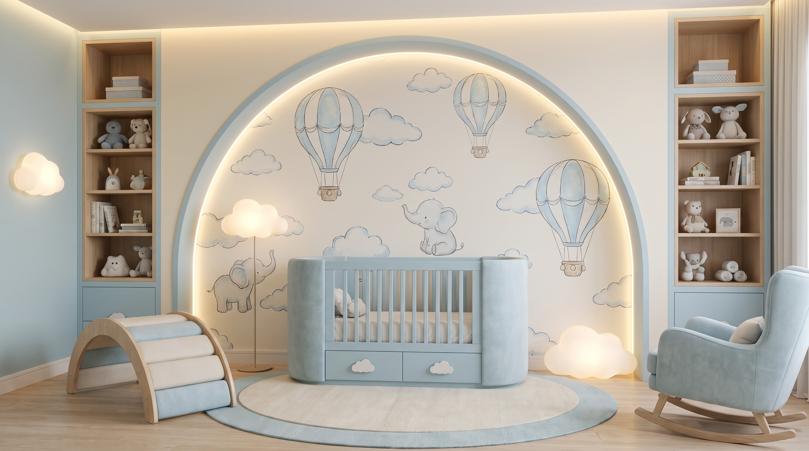 Arquitetura para crianças: quarto de bebê com nicho iluminado, luz indireta quente, prateleiras baixas e berço