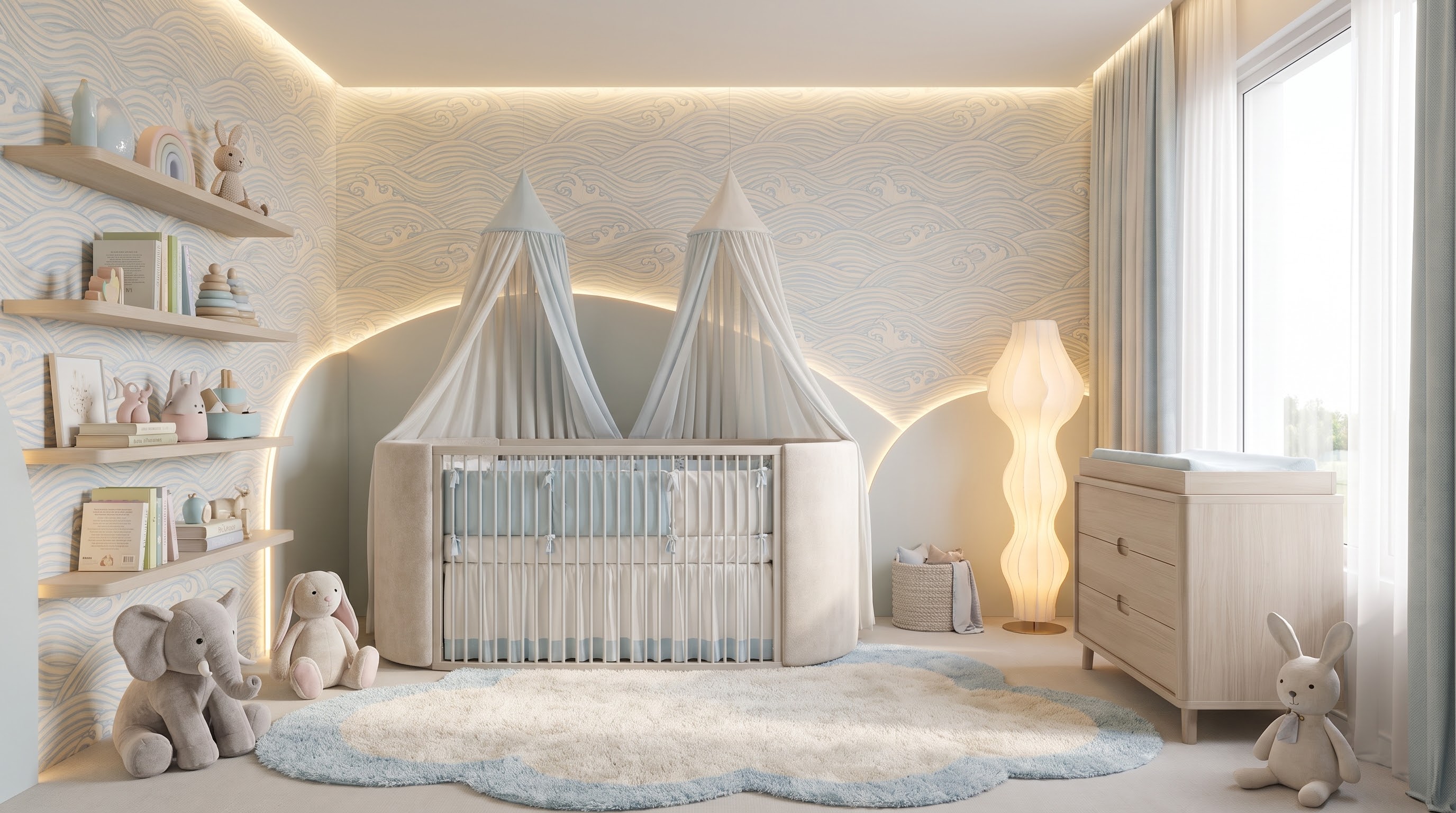 Quarto de bebê em tons claros com sanca de luz indireta, prateleiras baixas e tapete macio