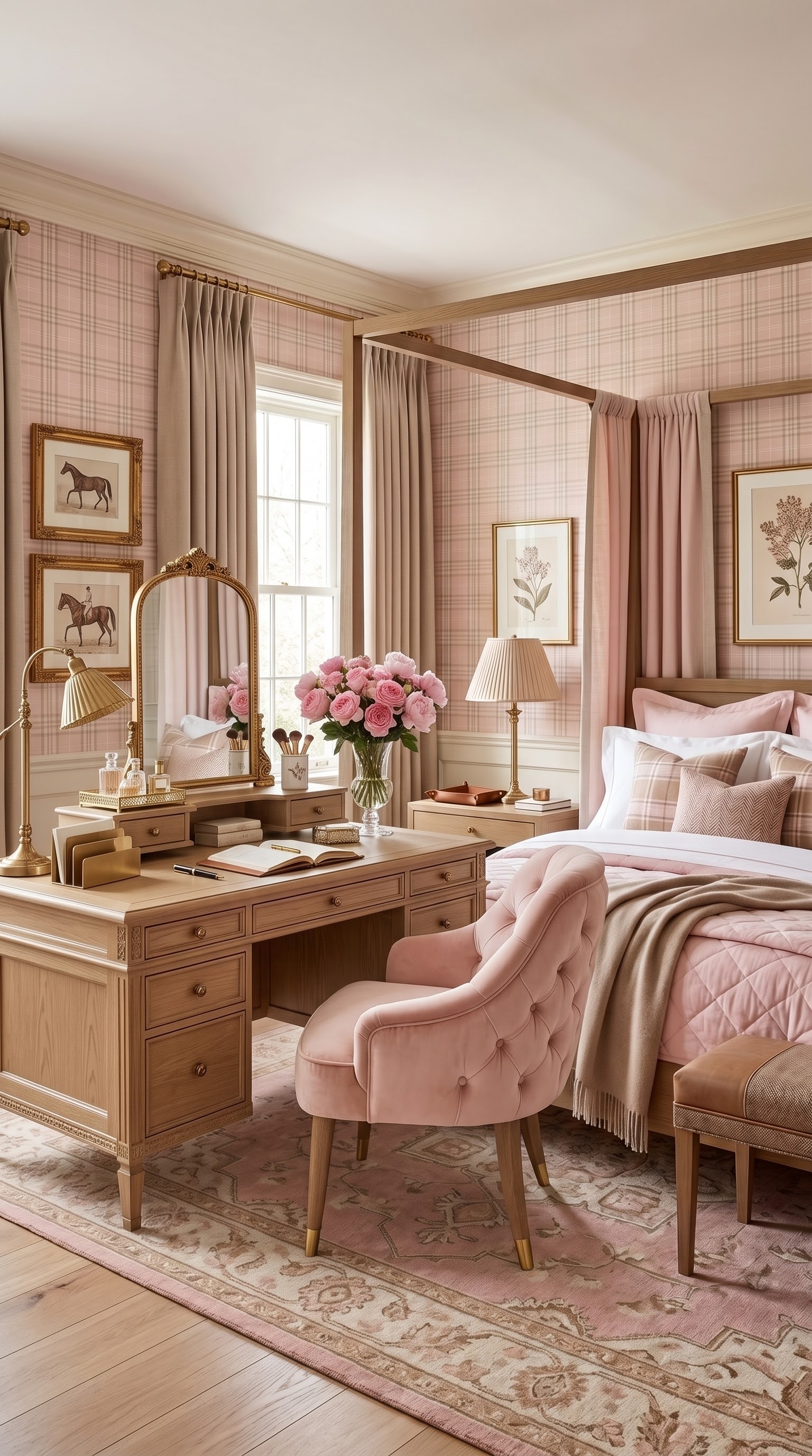 Quarto infantil em tons de rosa com escrivaninha, luminária de mesa e cama com dossel