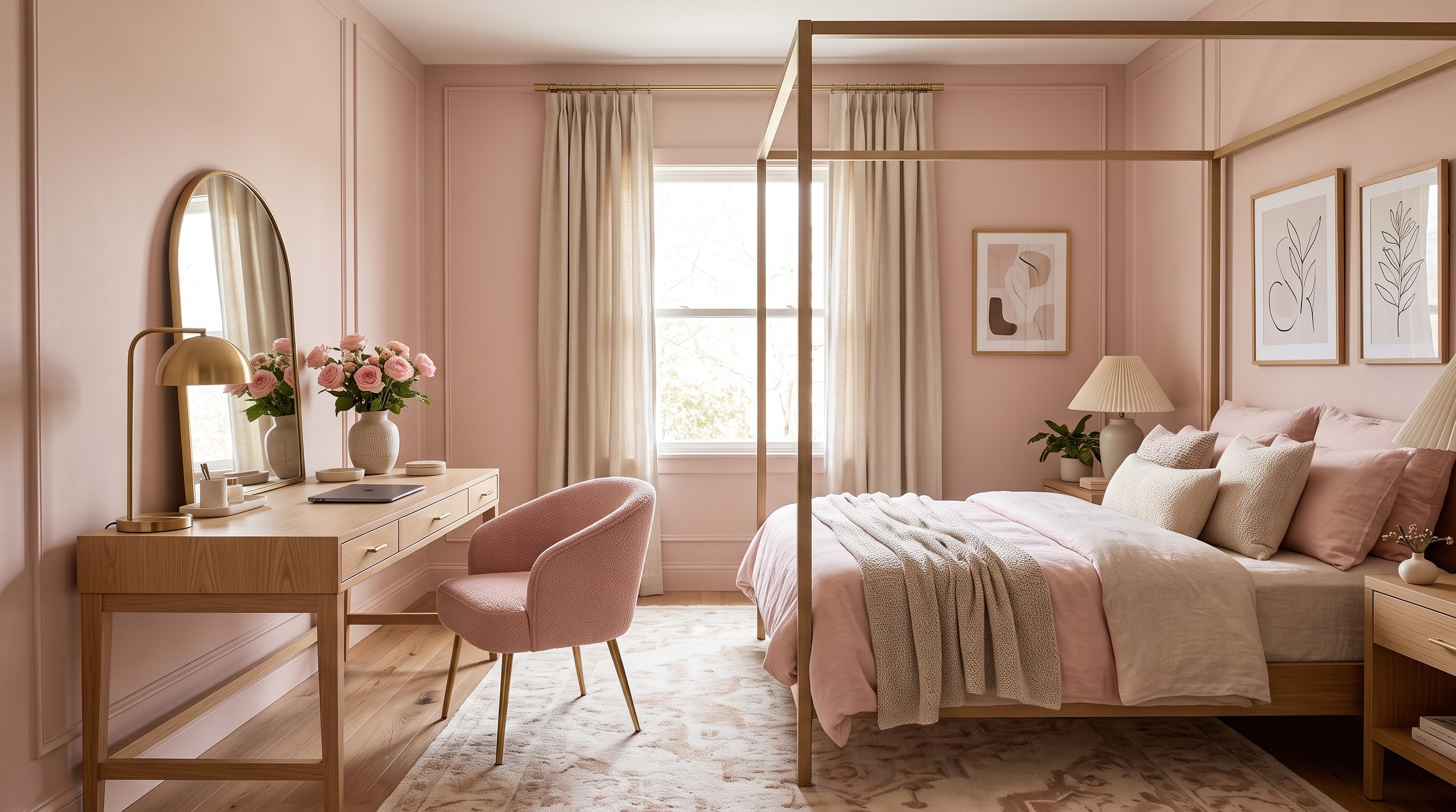 Quarto infantil com paredes rosadas, cortinas de linho, escrivaninha de madeira e cama com dossel