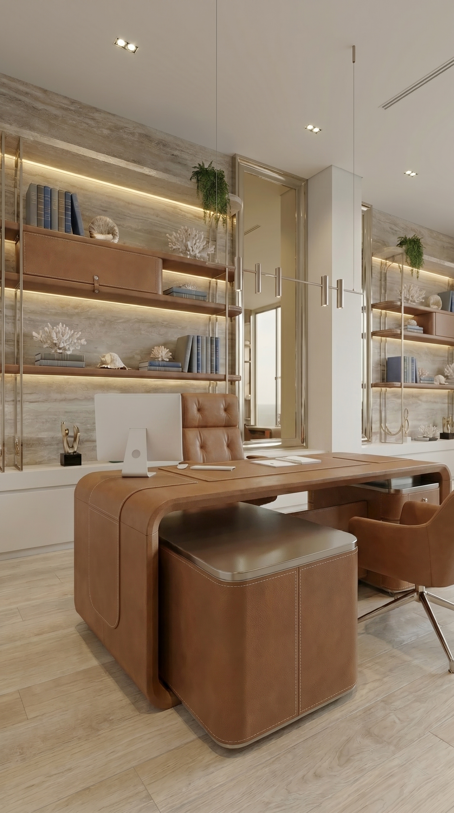 Home office em apartamento – bancada em couro e estante iluminada Home office em apartamento com mesa revestida em couro, cadeira estofada e estantes com iluminação embutida