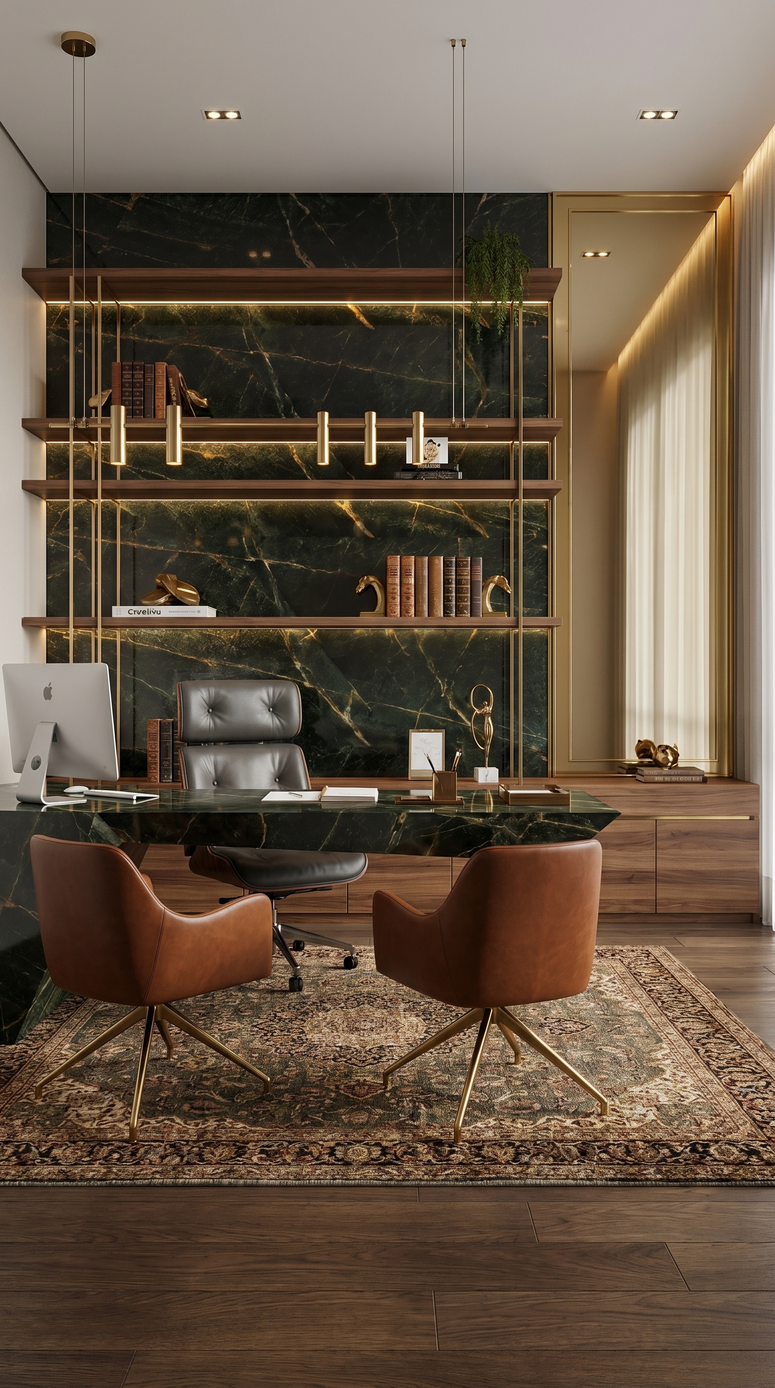 Home office em apartamento com parede em pedra escura, prateleiras iluminadas, mesa e poltronas para reunião