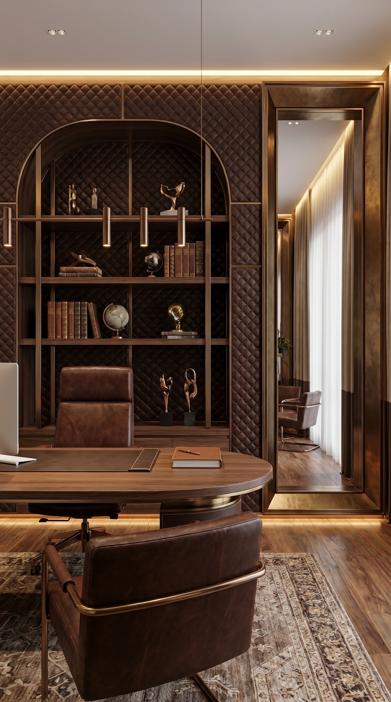 Home office em apartamento com marcenaria em madeira escura, estante em arco iluminada e mesa de trabalho