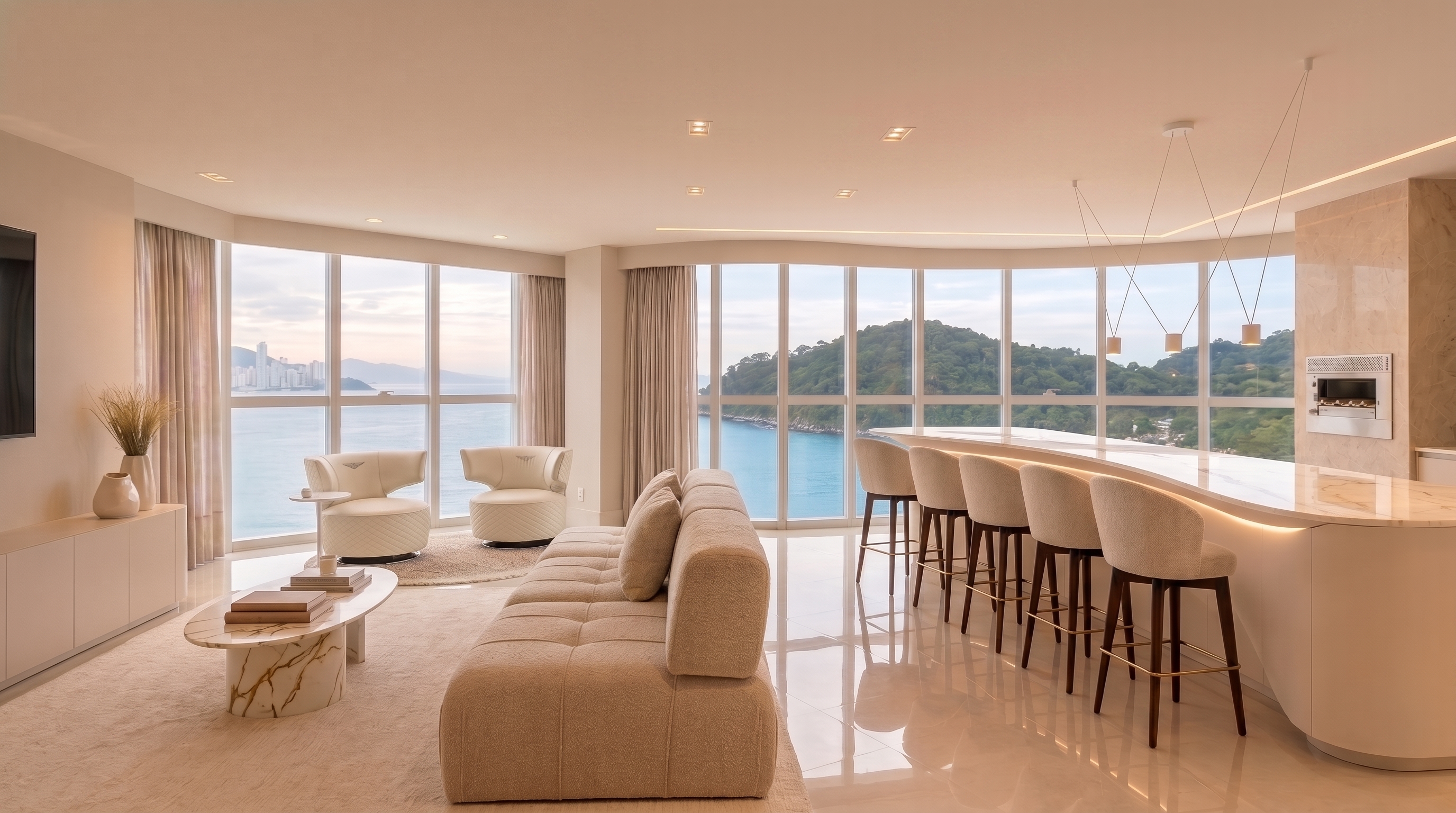 Isolamento acústico em apartamento: living com cortinas, tapete e grandes janelas no Ibiza Towers, Balneário Camboriú