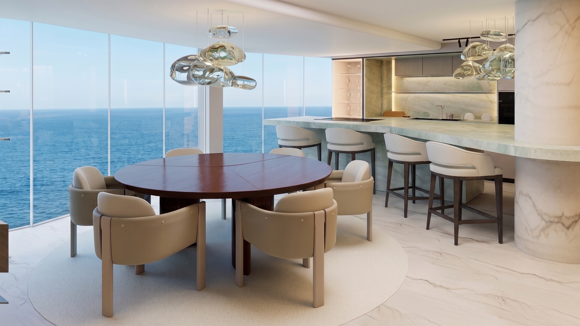Sala de jantar com fachada de vidro voltada para o mar, materiais resistentes à maresia em apartamento de Balneário Camboriú, Axel Arquitetura
