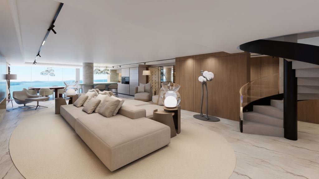 Living integrado com vista para o mar, projeto de interiores em Balneário Camboriú da Axel Arquitetura