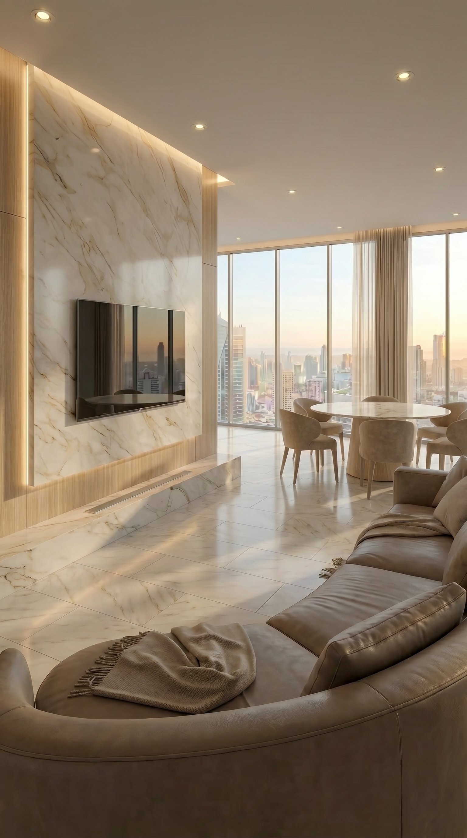 Projeto de interiores em Itapema: living integrado com painel em mármore, sofá curvo e vista da cidade