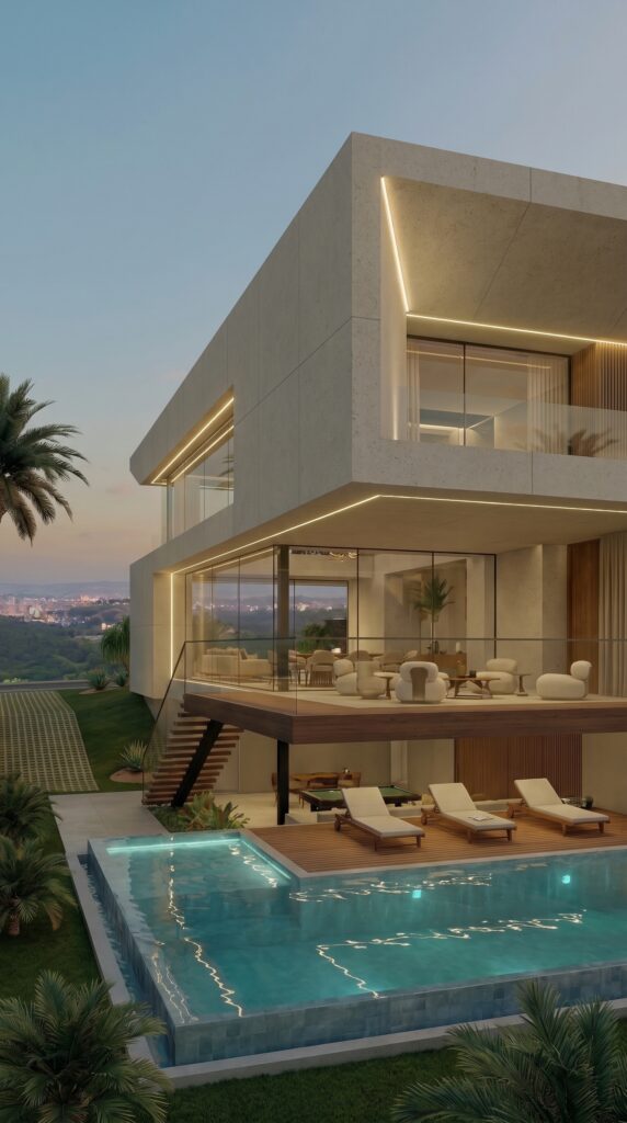 Projeto arquitetônico de casa contemporânea: fachada posterior com piscina, deck e escada de madeira ao entardecer