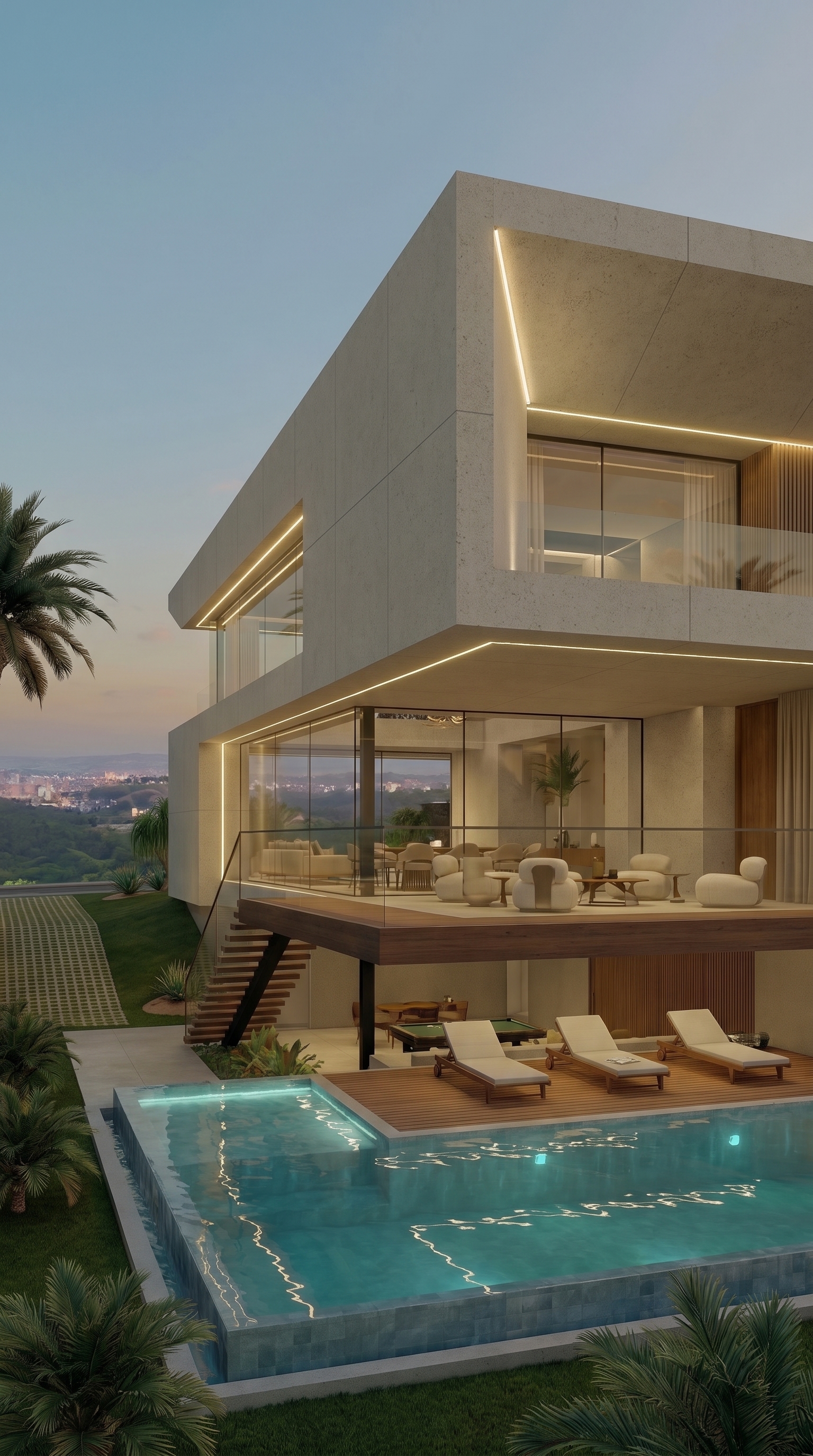 Projeto arquitetônico de casa contemporânea: fachada posterior com piscina, deck e escada de madeira ao entardecer