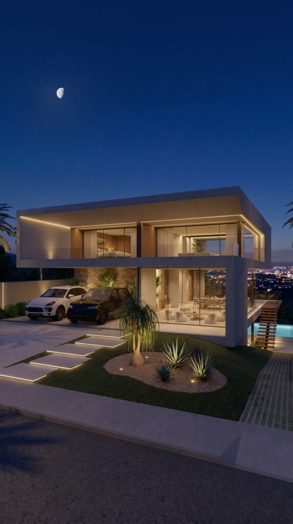 Projeto arquitetônico de casa contemporânea: fachada principal à noite com perfis de LED nos beirais