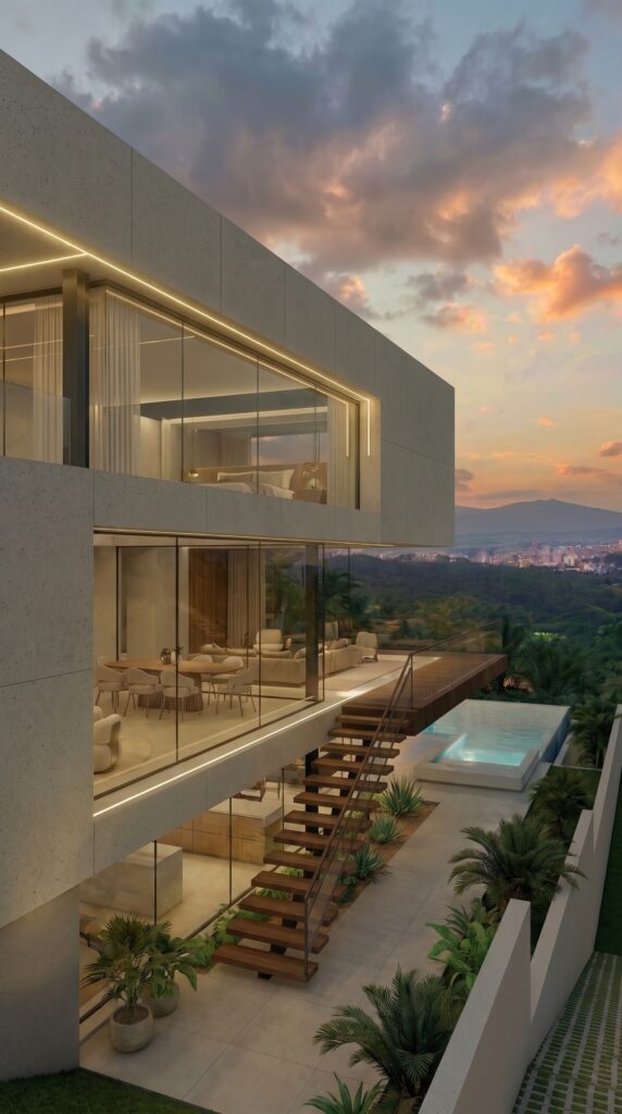 Projeto arquitetônico de casa contemporânea: fachada posterior envidraçada com terraços, piscina elevada e escada externa