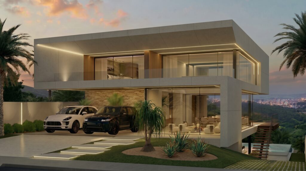 Projeto arquitetônico de casa contemporânea: fachada principal com volume em balanço, garagem e jardim ao entardecer