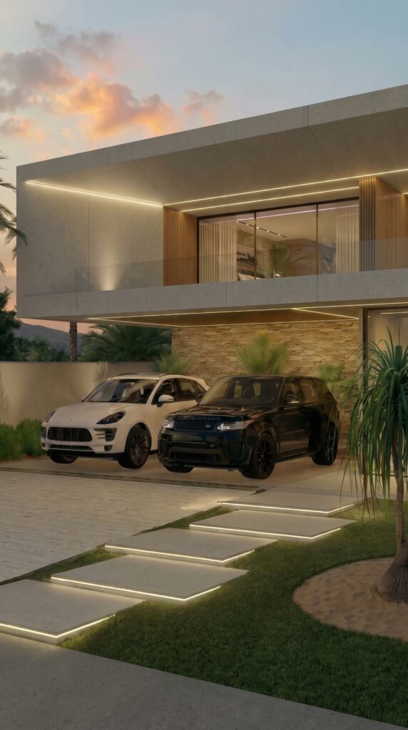 Projeto arquitetônico de casa contemporânea: garagem sob volume em balanço com pano de pedra e painéis em madeira