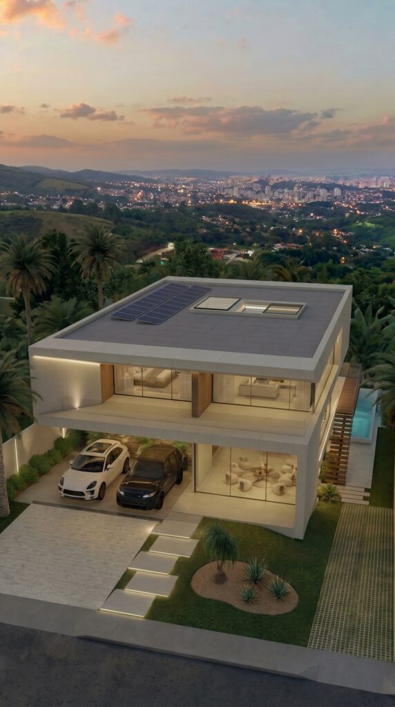 Projeto arquitetônico de casa contemporânea: vista aérea com cobertura, placas solares e vista da cidade