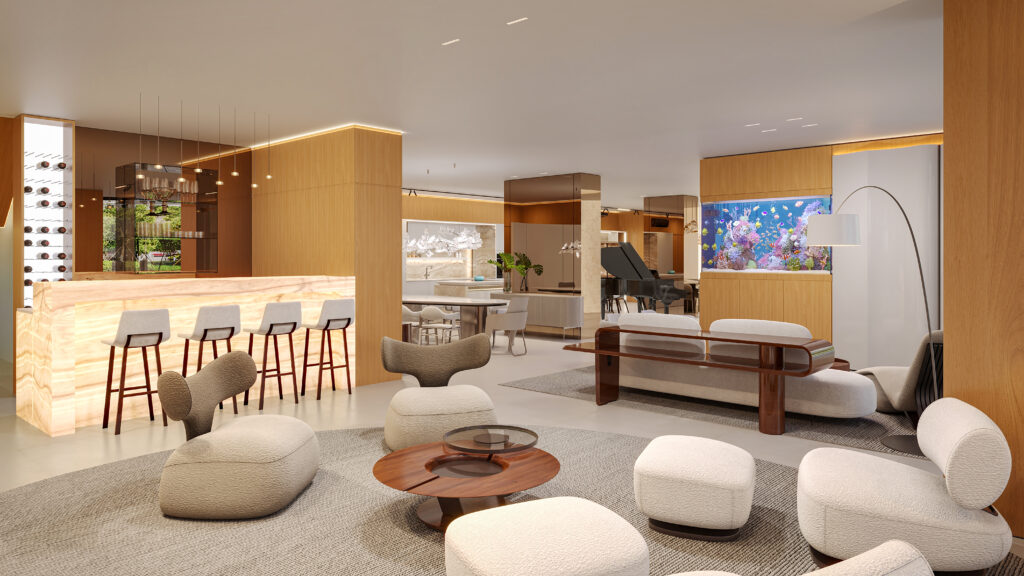 Projeto de interiores comercial: lounge com poltronas orgânicas, bar com bancada retroiluminada e adega vertical