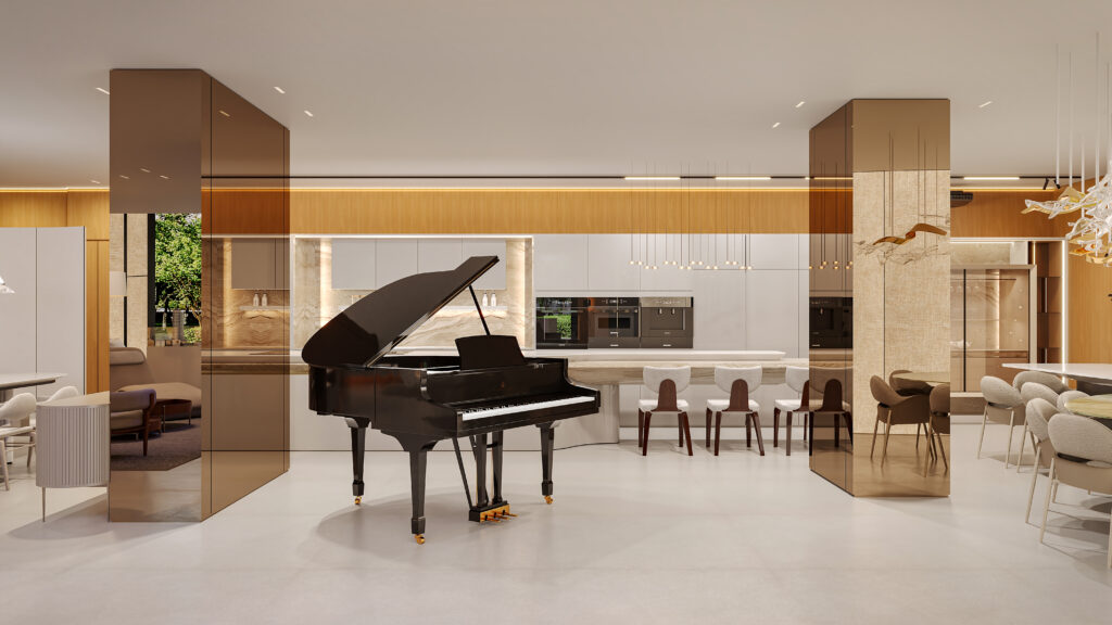 Projeto de interiores comercial: piano de cauda entre pilares revestidos em espelho bronze, com cozinha ao fundo