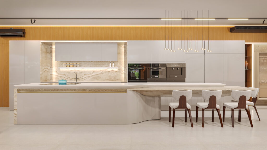 Projeto de interiores comercial: cozinha com ilha em pedra de veios marcados, torre de fornos e bancada de refeições