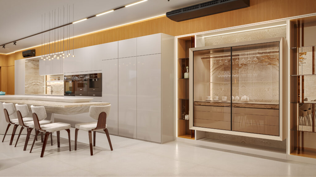 Projeto de interiores comercial: cristaleira iluminada com portas de vidro e nichos de marcenaria ao lado da cozinha